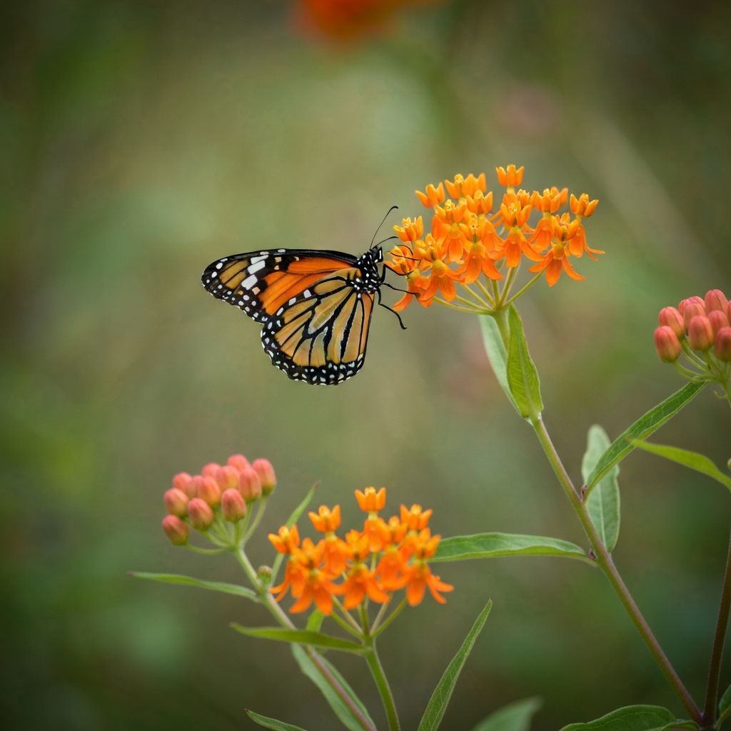Butterfly Weed Milkweed with orange flower clusters and monarch butterfly