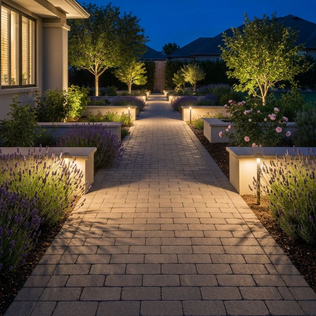 Beautiful walkway installation with pavers and landscape lighting